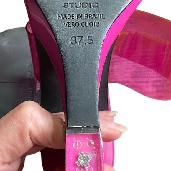 Black Suede Studio ODESSA Fuchsia Fedora Patent Leather Cut Out Wedge Sandals - Picture 9 of 16